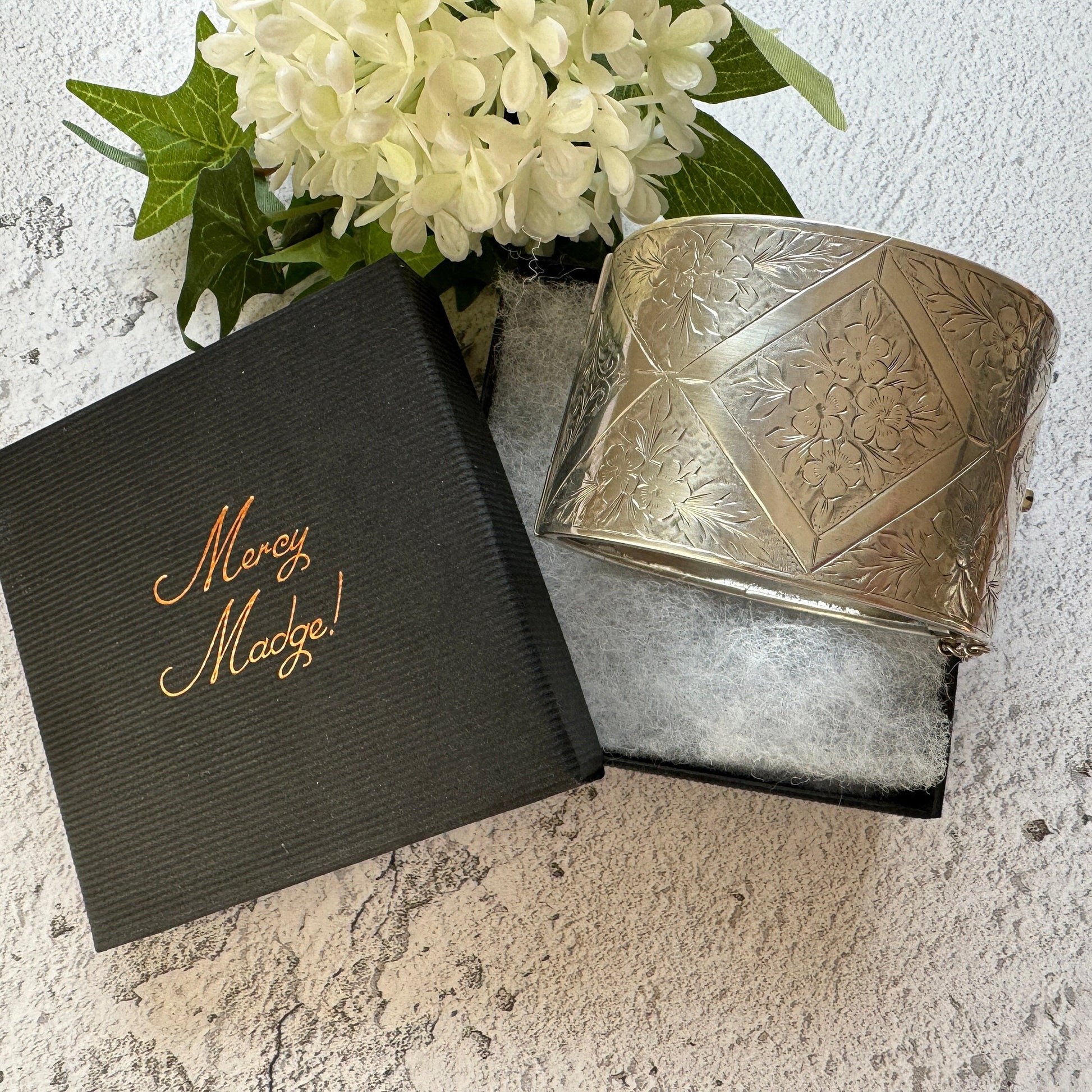 Victorian Engraved Forget-Me-Not Silver Cuff Bracelet. Antique Aesthetic Floral Wide Bangle. Scottish Sterling Silver Sweetheart Bracelet
