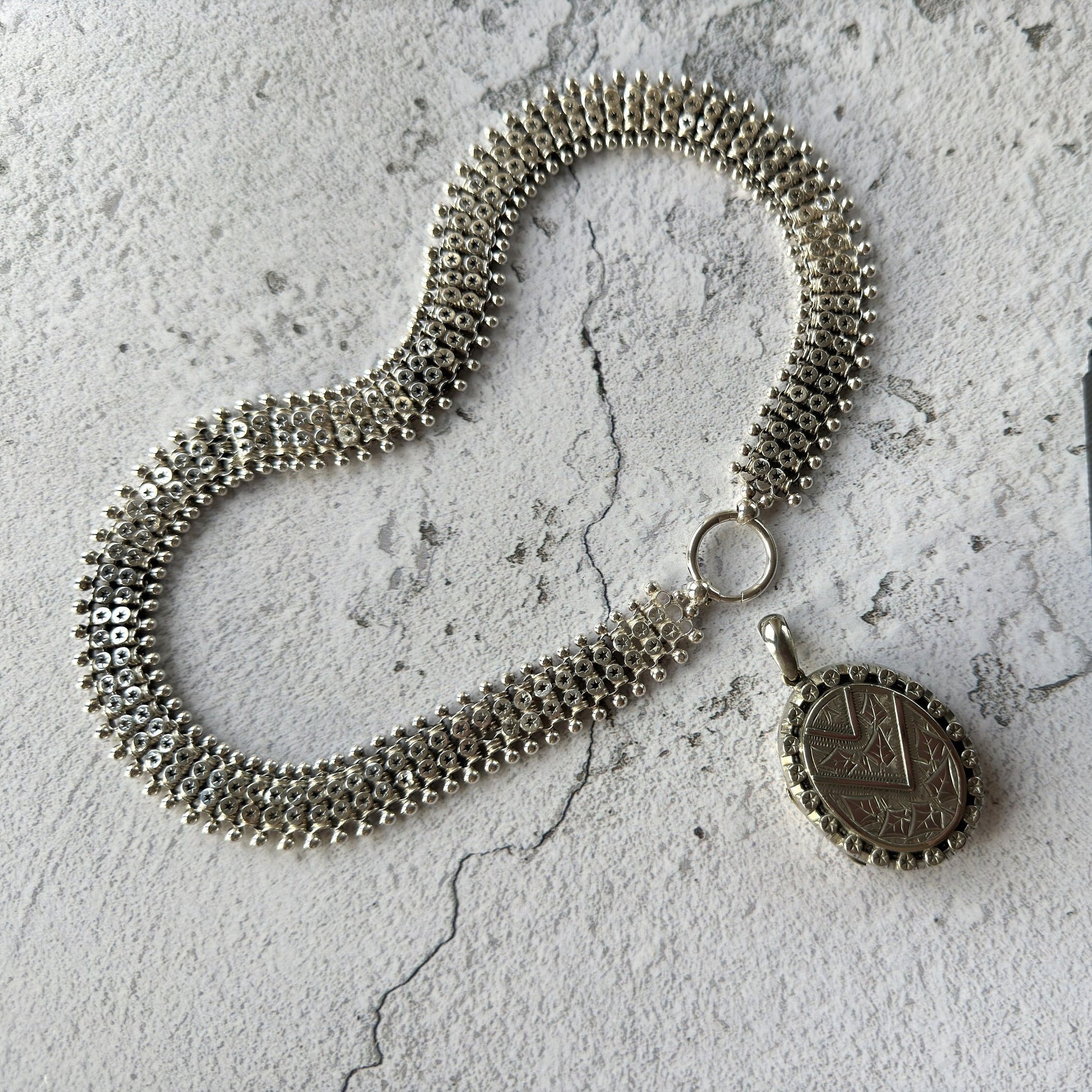 Victorian Sterling Silver Book Chain Necklace. Antique Aesthetic Era Silver Star Collar Necklace. Victorian Bookchain For Lockets/Pendants