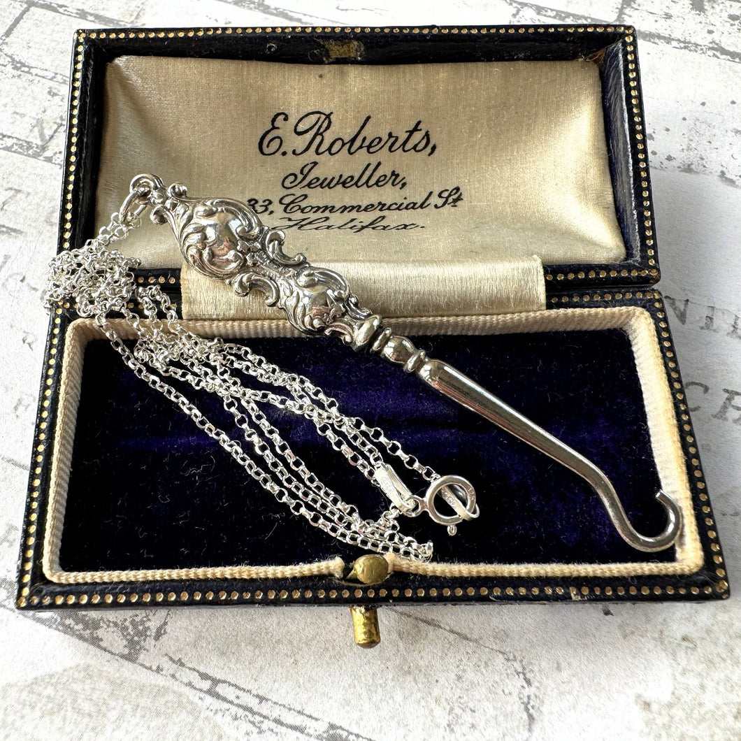 Antique Edwardian Sterling Silver Hook Pendant & Long Chain. Edwardian/Art Nouveau Glove Button Hook Chatelaine Pendant, Hallmarked 1909
