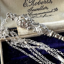 Load image into Gallery viewer, Antique Edwardian Sterling Silver Hook Pendant &amp; Long Chain. Edwardian/Art Nouveau Glove Button Hook Chatelaine Pendant, Hallmarked 1909
