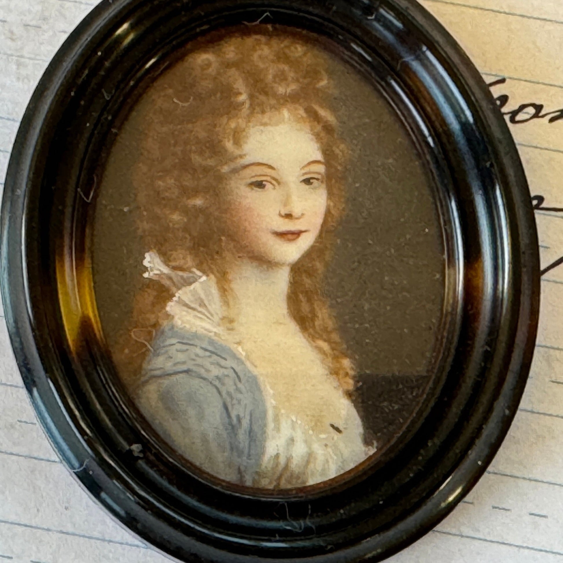 Antique Georgian British Portrait Miniature Pendant, Lady Georgiana Duchess of Devonshire. Faux Tortoiseshell Picture Locket Pendant c1780