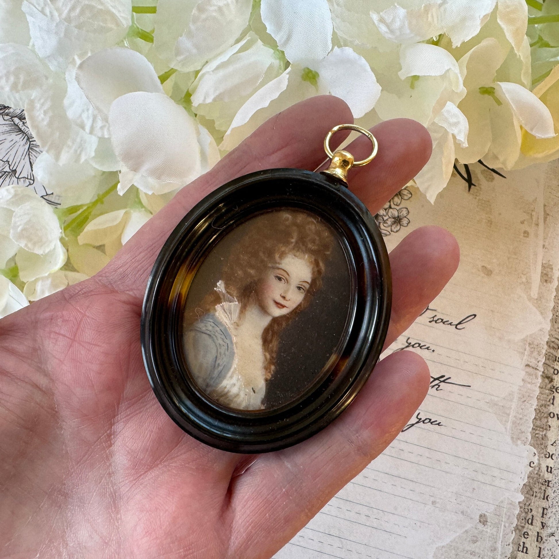 Antique Georgian British Portrait Miniature Pendant, Lady Georgiana Duchess of Devonshire. Faux Tortoiseshell Picture Locket Pendant c1780