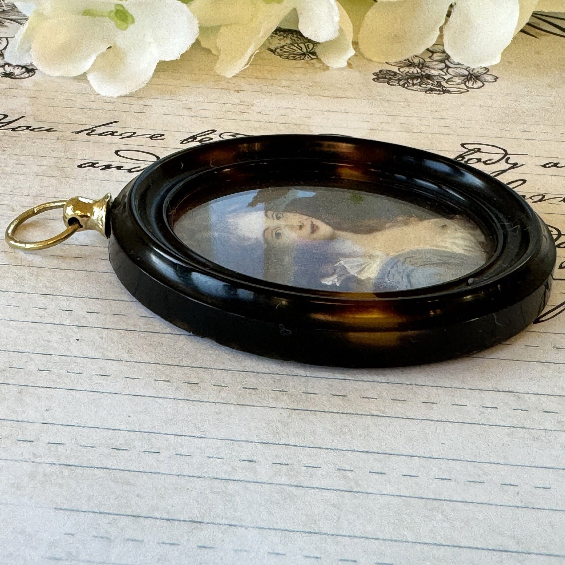 Antique Georgian British Portrait Miniature Pendant, Lady Georgiana Duchess of Devonshire. Faux Tortoiseshell Picture Locket Pendant c1780