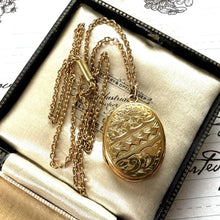 Load image into Gallery viewer, Antique Victorian Rolled Gold Locket &amp; Chain. Floral Engraved Oval Photo Locket Pendant Necklace. Rosy Gold Antique Locket On Cable Chain
