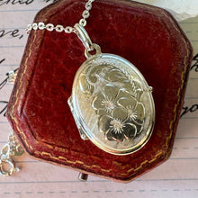 Load image into Gallery viewer, Vintage Sterling Silver Engraved Dogwood Blossom Locket Pendant &amp; Chain. Small Oval Flower Locket Necklace. Petite Floral Photo Locket
