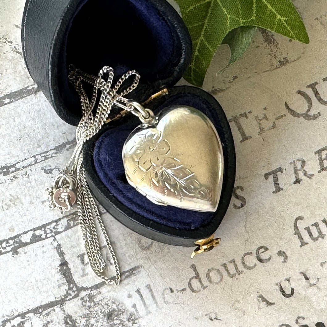 Vintage Sterling Silver Engraved Rose Heart Locket Necklace. Medium Love Heart Locket & Chain. Victorian Style Floral Sweetheart Locket