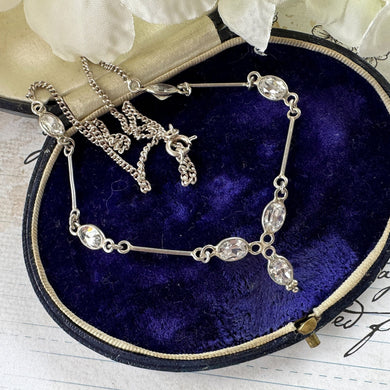 Antique Art Deco Rock Crystal Quartz Silver Necklace. Sterling Silver Y- Drop Gemset Chain Necklace. Vintage Art Deco Collar/Choker Necklace