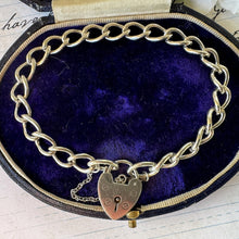 Load image into Gallery viewer, Vintage English Silver Curb Chain Bracelet With Love Heart Padlock. Victorian Style Sweetheart Bracelet. Watch Chain Bracelet, 1964 Hallmark
