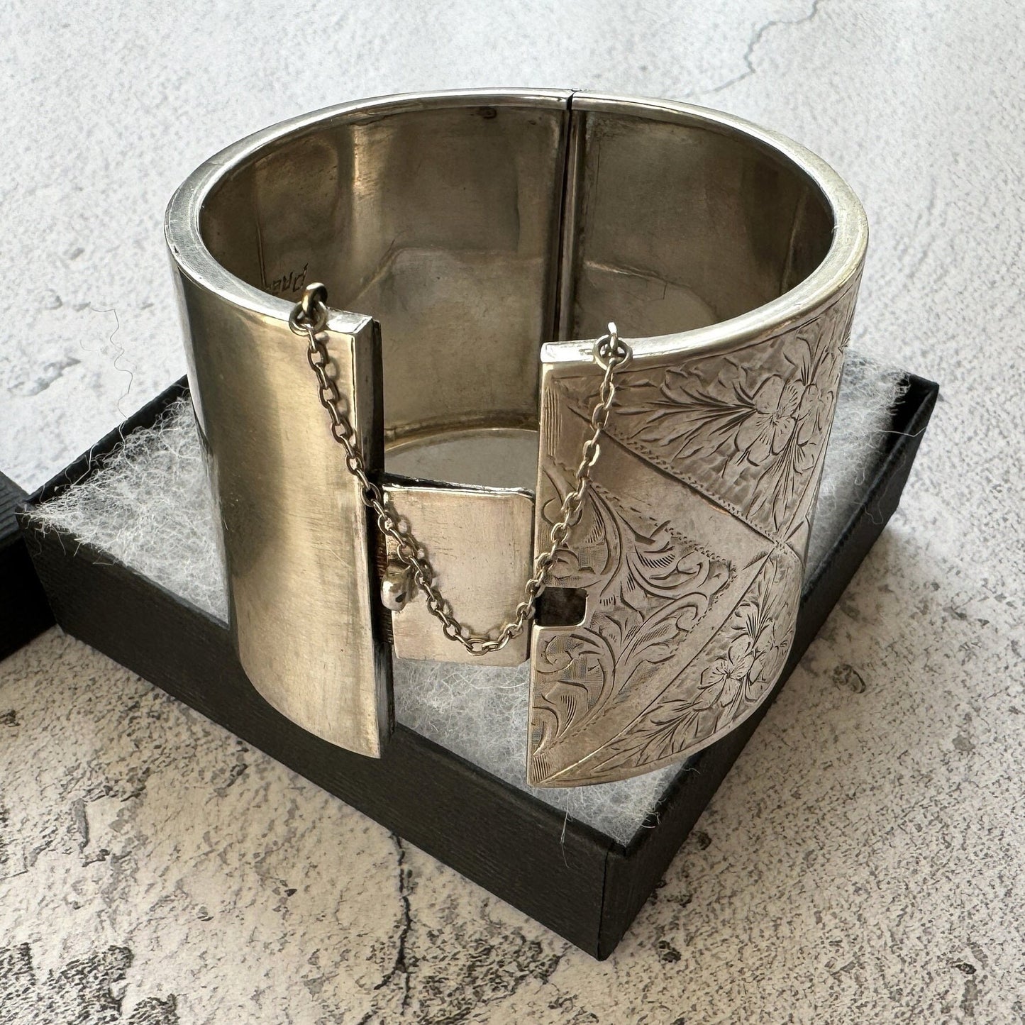 Victorian Engraved Forget-Me-Not Silver Cuff Bracelet. Antique Aesthetic Floral Wide Bangle. Scottish Sterling Silver Sweetheart Bracelet