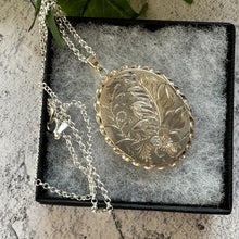 Load image into Gallery viewer, Vintage English Silver &quot;Forget Me Not&quot; Oval Locket Pendant Necklace. Victorian Revival Floral Engraved Large Locket &amp; Chain, Hallmarked 1975
