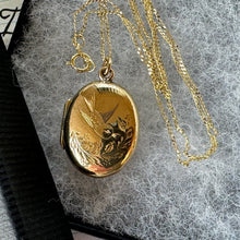 Load image into Gallery viewer, Antique Victorian Aesthetic 9ct Gold Engraved Swallow Locket Necklace. Small Oval Rose Gold Love Token Locket Pendant, Optional Chain.
