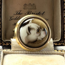 Cargar imagen en el visor de la galería, Victorian 18ct Gold English Bulldog Portrait Miniature Ring By William Essex. Antique Enamelled Dog Mourning Ring, Signed William Essex 1862
