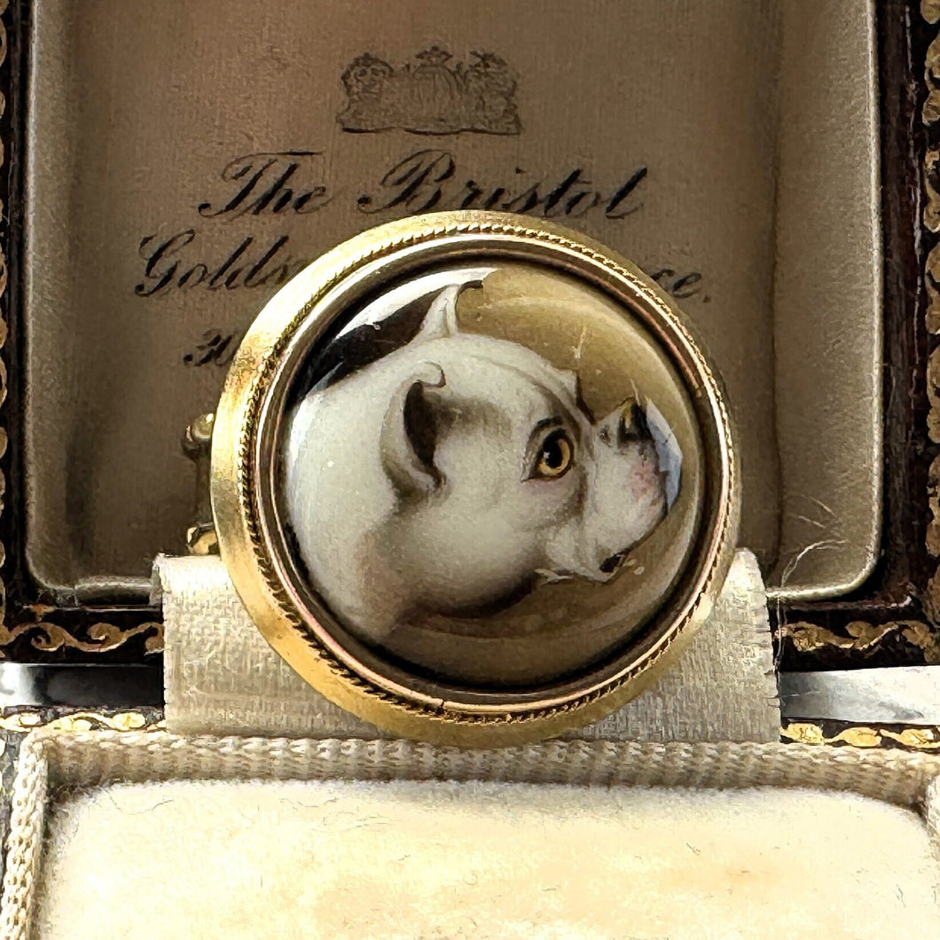 Victorian 18ct Gold English Bulldog Portrait Miniature Ring By William Essex. Antique Enamelled Dog Mourning Ring, Signed William Essex 1862