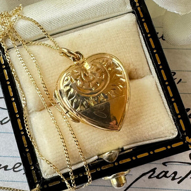 Antique Art Nouveau 9ct Gold Love Heart Locket Necklace. Edwardian Yellow Gold Small Floral Engraved Locket Pendant With Optional Chain.