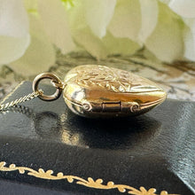 Load image into Gallery viewer, Antique Art Nouveau 9ct Gold Love Heart Locket Necklace. Edwardian Yellow Gold Small Floral Engraved Locket Pendant With Optional Chain.
