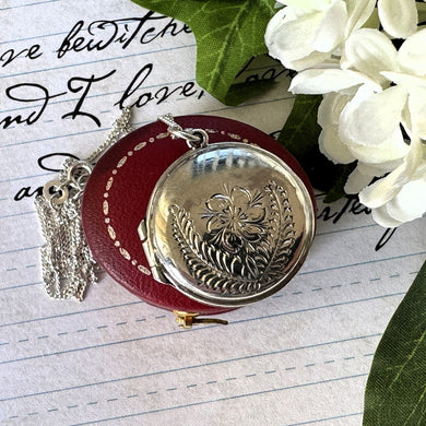 Vintage Engraved Silver Romantic Rose Locket Pendant Necklace. Round Sterling Silver Love Token Locket & Chain. Edwardian Style Photo Locket