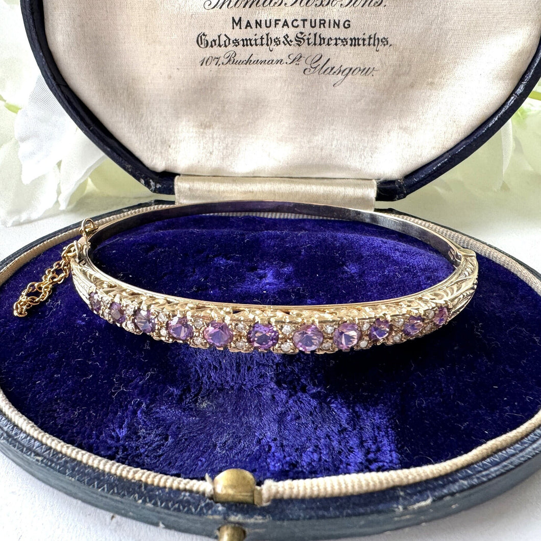 Vintage 9ct Gold, Diamond & Lavender Amethyst Bangle Bracelet. Victorian Revival Pale Purple Amethyst Engraved Yellow Gold Bangle.