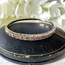 Load image into Gallery viewer, Vintage 9ct Gold, Diamond &amp; Lavender Amethyst Bangle Bracelet. Victorian Revival Pale Purple Amethyst Engraved Yellow Gold Bangle.
