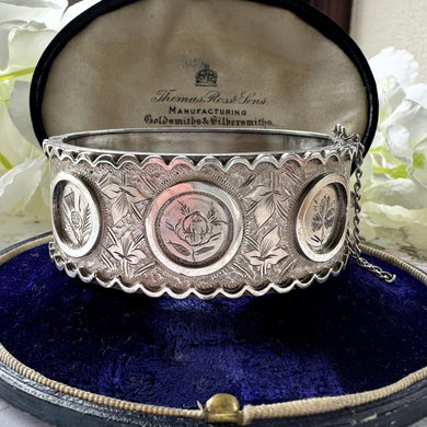 Victorian c1862 Rose, Thistle & Shamrock Silver Jubilee Bangle Bracelet. Antique Victorian Aesthetic Engraved Hinged Sterling Silver Cuff.