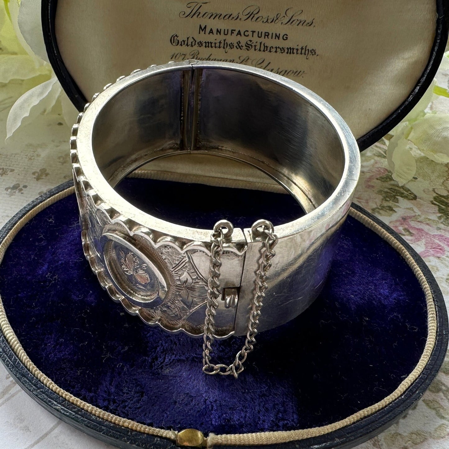 Victorian c1862 Rose, Thistle & Shamrock Silver Jubilee Bangle Bracelet. Antique Victorian Aesthetic Engraved Hinged Sterling Silver Cuff.