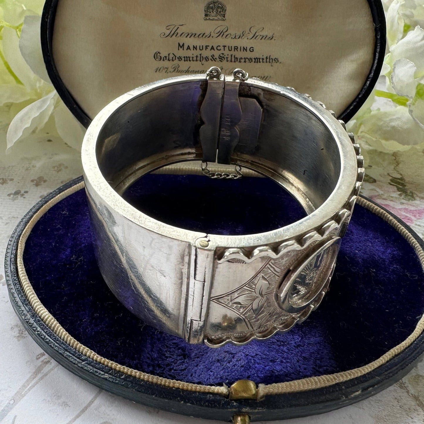 Victorian c1862 Rose, Thistle & Shamrock Silver Jubilee Bangle Bracelet. Antique Victorian Aesthetic Engraved Hinged Sterling Silver Cuff.