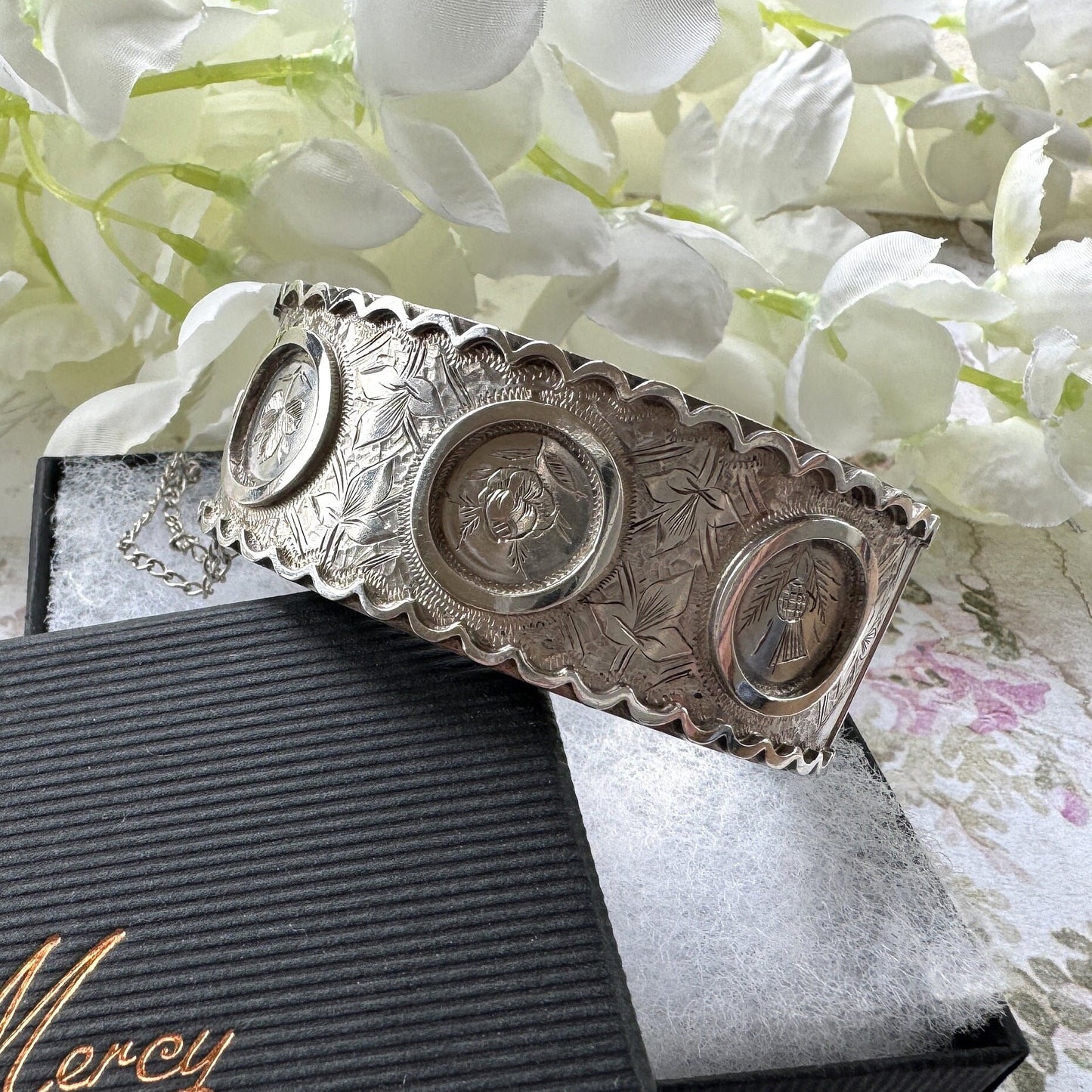 Victorian c1862 Rose, Thistle & Shamrock Silver Jubilee Bangle Bracelet. Antique Victorian Aesthetic Engraved Hinged Sterling Silver Cuff.