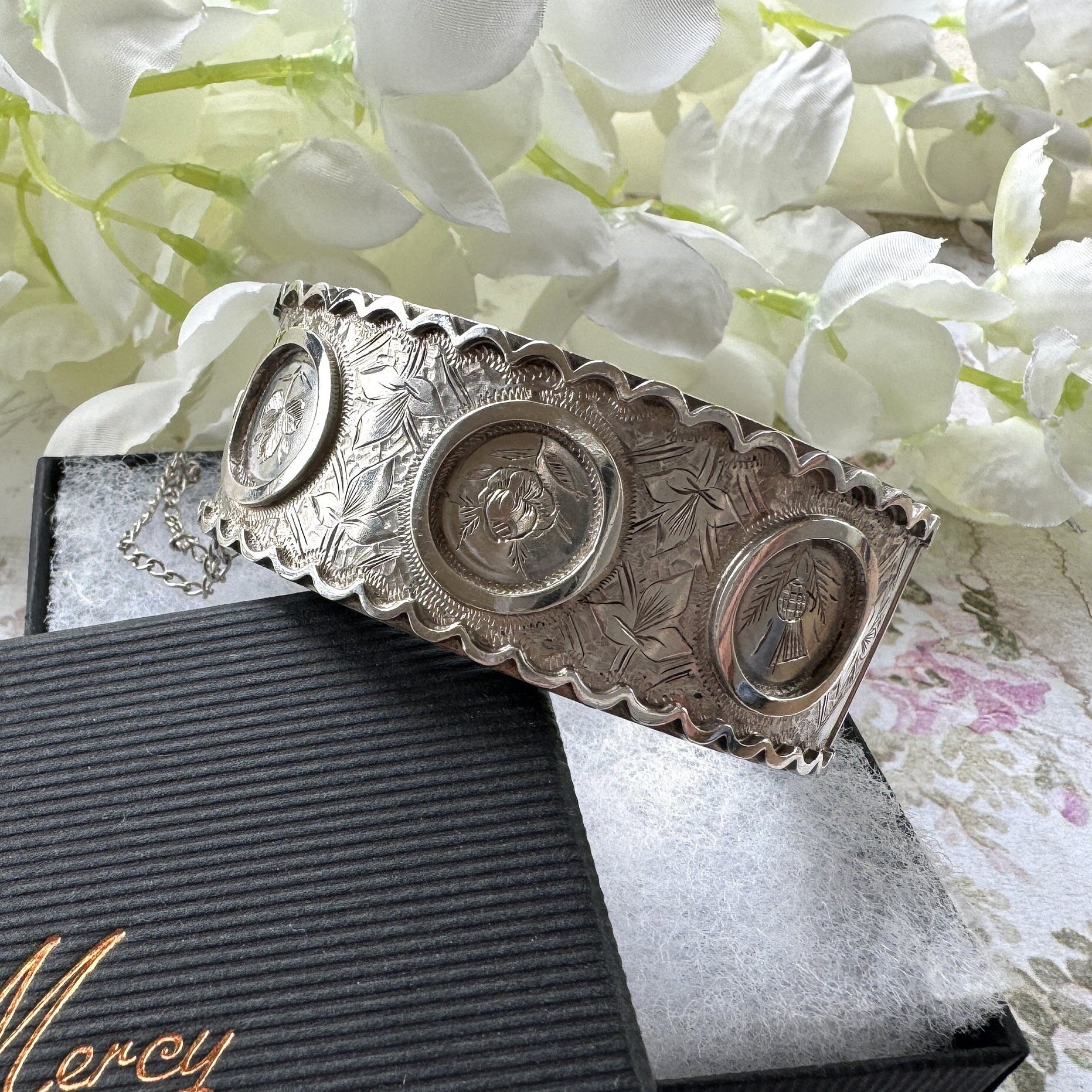 Victorian c1862 Rose, Thistle & Shamrock Silver Jubilee Bangle Bracelet. Antique Victorian Aesthetic Engraved Hinged Sterling Silver Cuff.