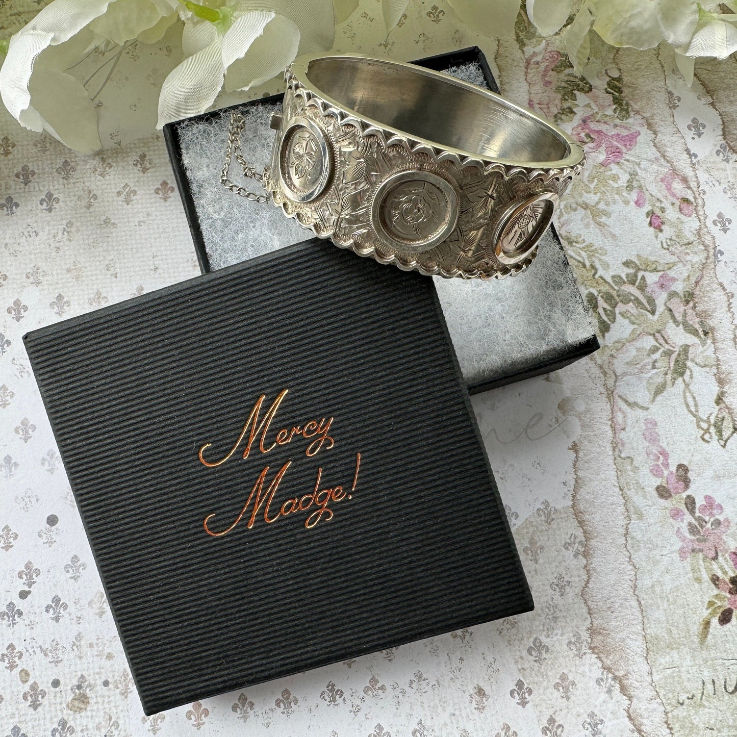 Victorian c1862 Rose, Thistle & Shamrock Silver Jubilee Bangle Bracelet. Antique Victorian Aesthetic Engraved Hinged Sterling Silver Cuff.