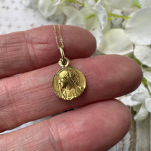 Load image into Gallery viewer, Vintage Italian 18ct Gold Miraculous Mary Pendant Necklace, Adolphe Penin. Tiny Virgin Mary Gold Medal &amp; Chain. Minimalist Layering Necklace
