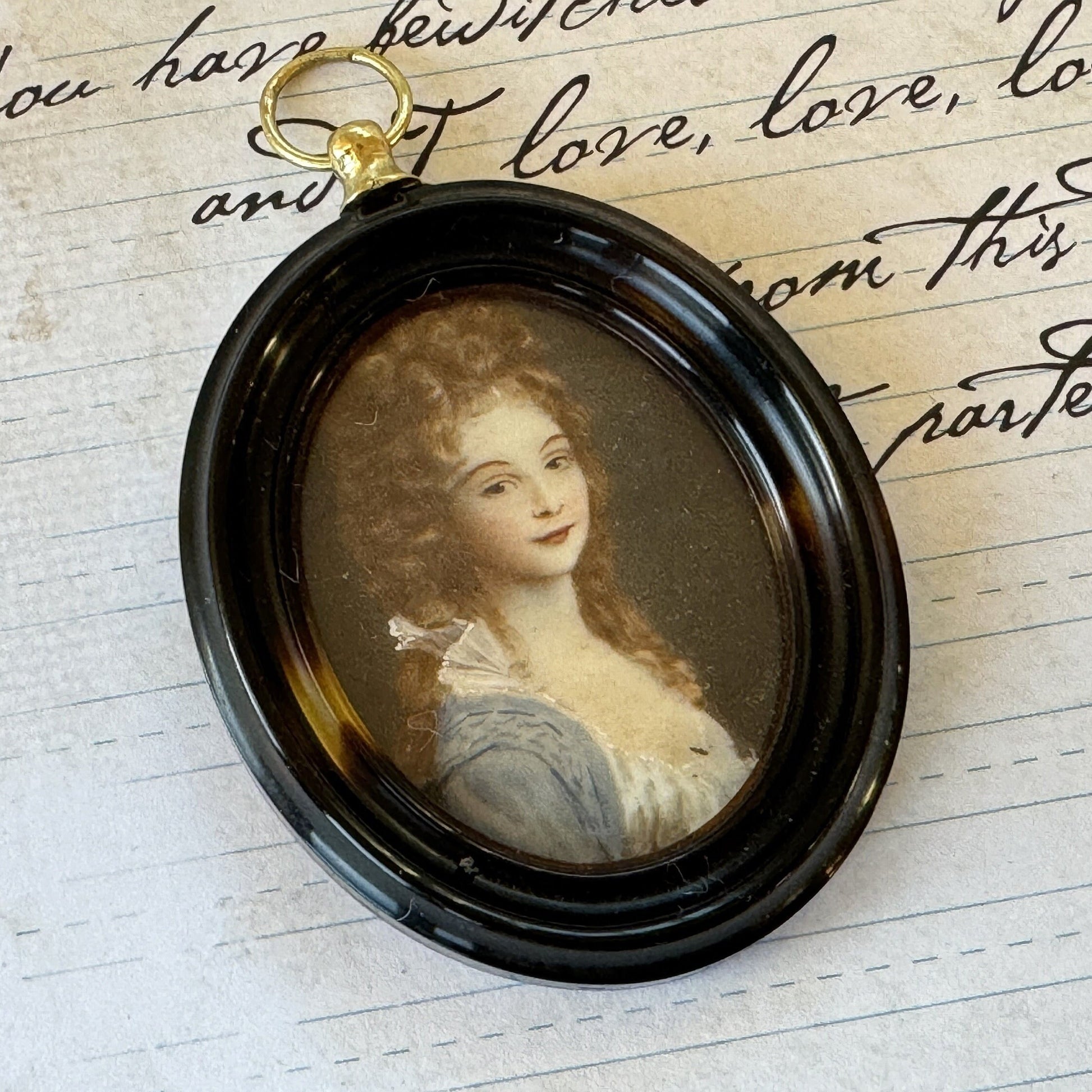 Antique Georgian British Portrait Miniature Pendant, Lady Georgiana Duchess of Devonshire. Faux Tortoiseshell Picture Locket Pendant c1780