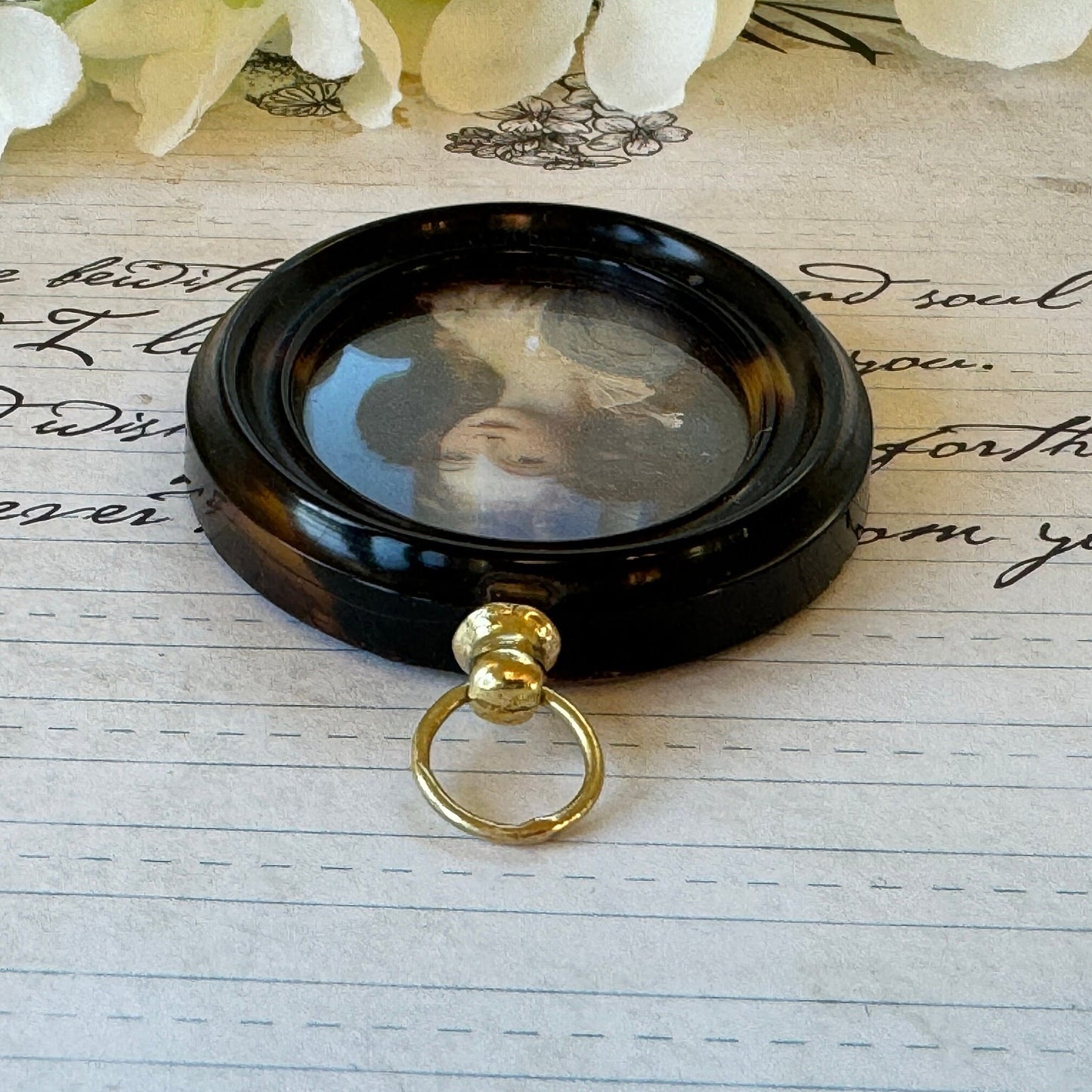 Antique Georgian British Portrait Miniature Pendant, Lady Georgiana Duchess of Devonshire. Faux Tortoiseshell Picture Locket Pendant c1780