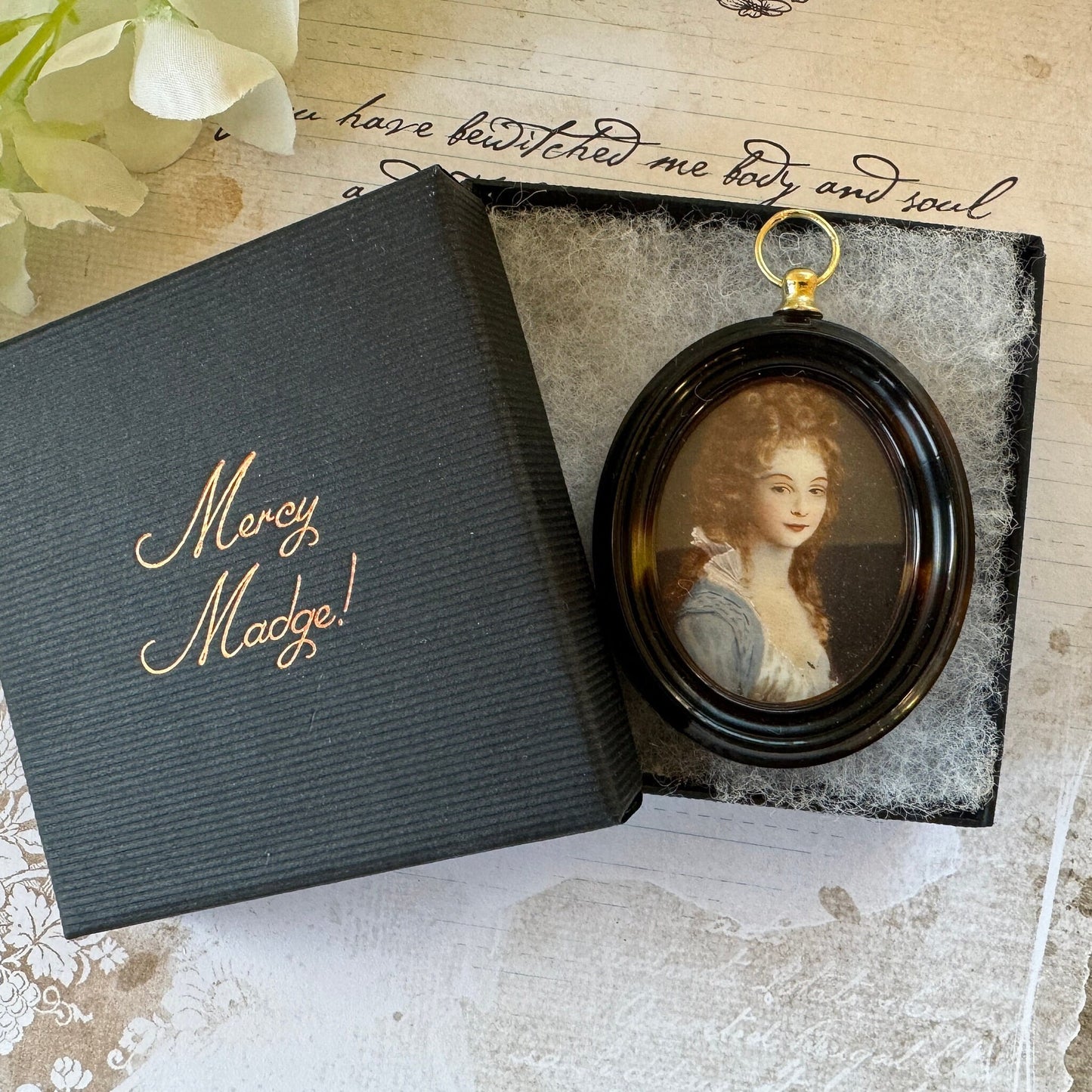 Antique Georgian British Portrait Miniature Pendant, Lady Georgiana Duchess of Devonshire. Faux Tortoiseshell Picture Locket Pendant c1780