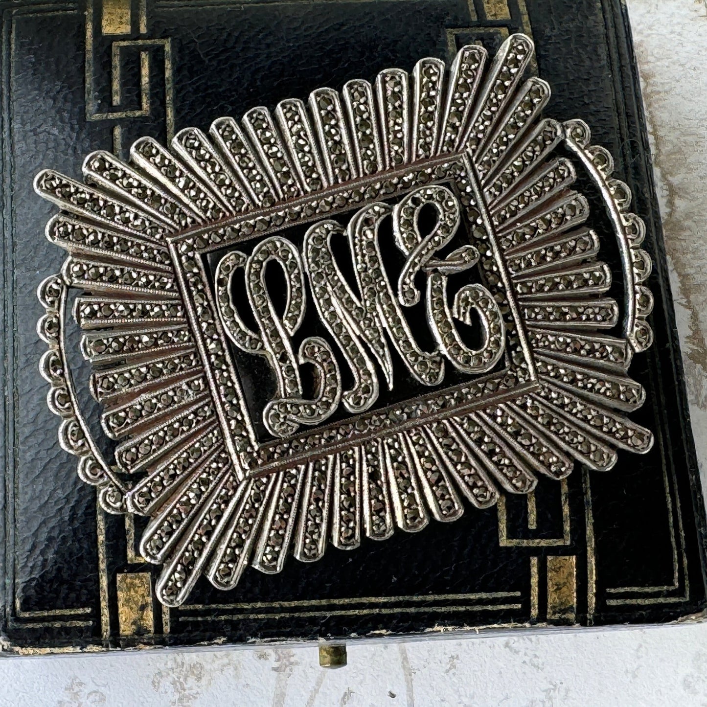 Antique Art Deco Sterling Silver Marcasite & Onyx Monogram Brooch