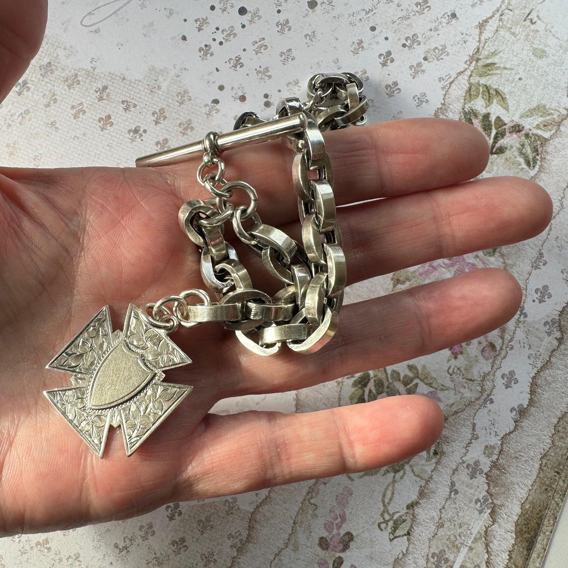 Superb Victorian 1883 Chunky Silver Albert Watch Chain With Maltese Cross Fob. Thick Sterling Silver Anchor/Navy Link Pocket Watch Chain