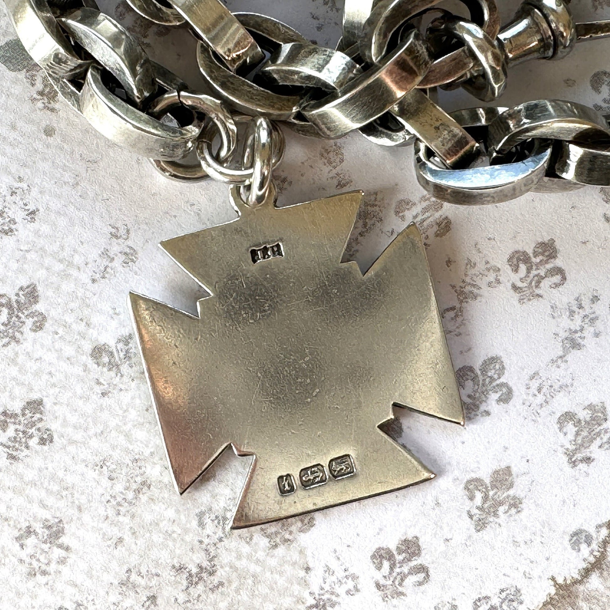 Superb Victorian 1883 Chunky Silver Albert Watch Chain With Maltese Cross Fob. Thick Sterling Silver Anchor/Navy Link Pocket Watch Chain