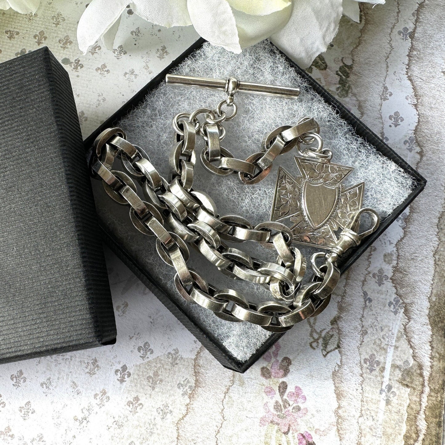 Superb Victorian 1883 Chunky Silver Albert Watch Chain With Maltese Cross Fob. Thick Sterling Silver Anchor/Navy Link Pocket Watch Chain