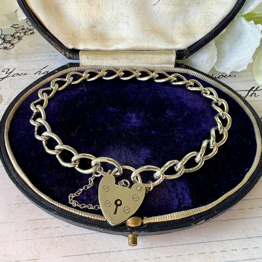 Vintage English Silver Curb Chain Bracelet With Love Heart Padlock. Victorian Style Sweetheart Bracelet. Watch Chain Bracelet, 1964 Hallmark