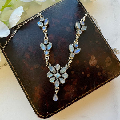 Vintage Indian Moonstone Sterling Silver Necklace. Art Nouveau Style Natural Moonstone Lavalier Pendant Necklace. Blue Moonstone Necklace