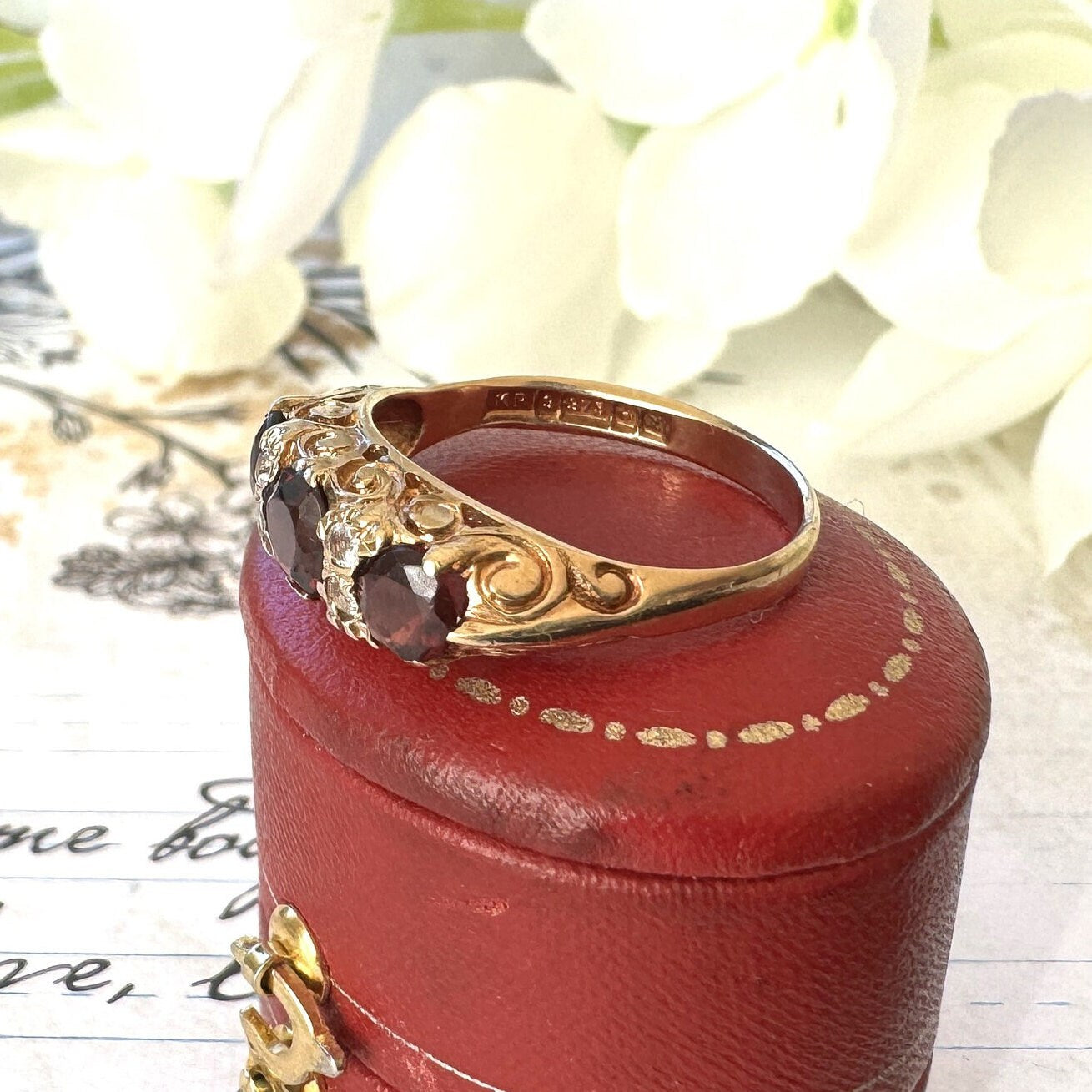 Vintage 9ct Gold Red Garnet & White Zircon Half Band Trilogy Ring. Victorian Revival Ornate Scrollwork Statement Boat Ring, Hallmarked 1972