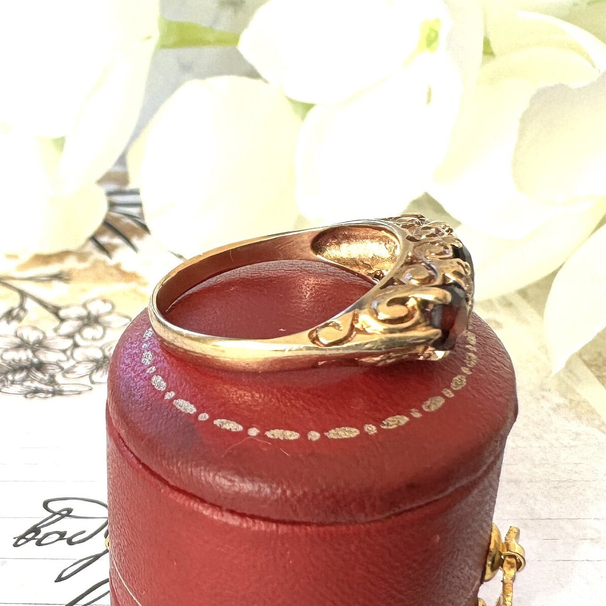 Vintage 9ct Gold Red Garnet & White Zircon Half Band Trilogy Ring. Victorian Revival Ornate Scrollwork Statement Boat Ring, Hallmarked 1972