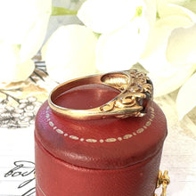 画像をギャラリービューアに読み込む, Vintage 9ct Gold Red Garnet &amp; White Zircon Half Band Trilogy Ring. Victorian Revival Ornate Scrollwork Statement Boat Ring, Hallmarked 1972
