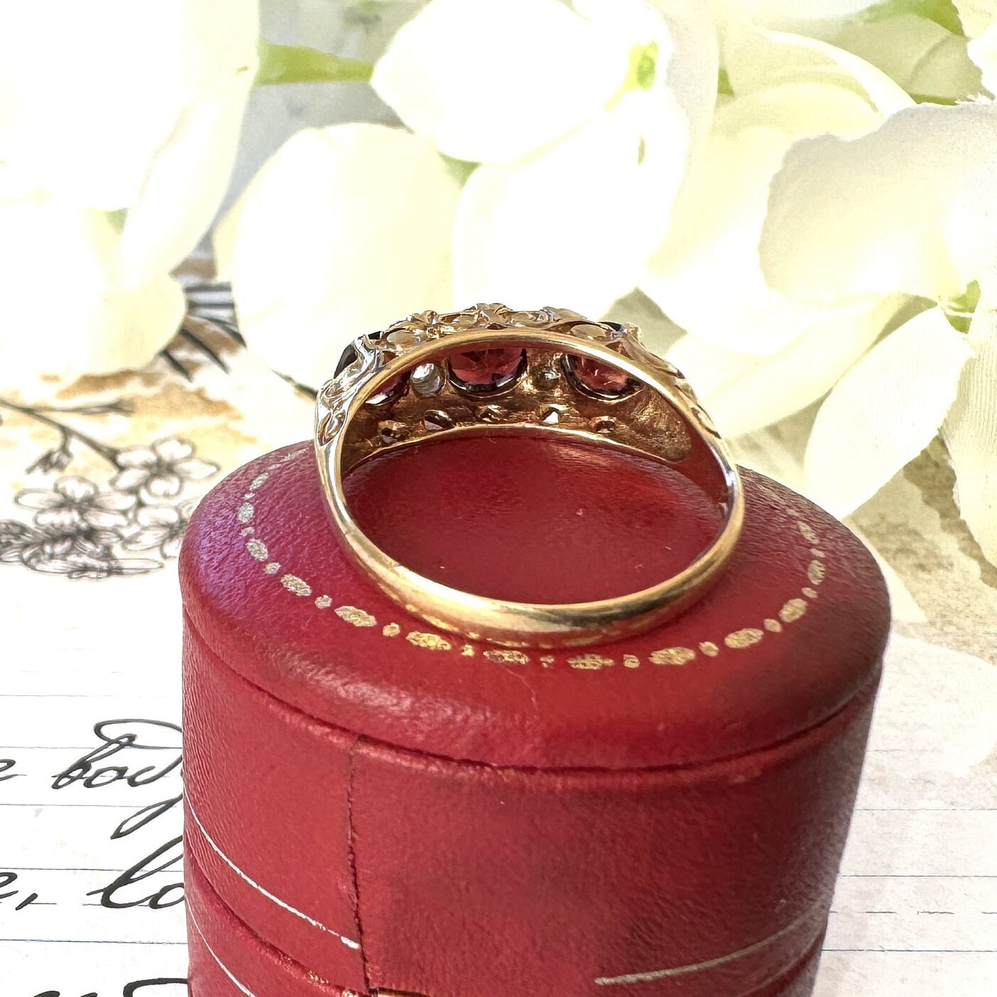 Vintage 9ct Gold Red Garnet & White Zircon Half Band Trilogy Ring. Victorian Revival Ornate Scrollwork Statement Boat Ring, Hallmarked 1972