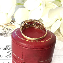 Lade das Bild in den Galerie-Viewer, Vintage 9ct Gold Red Garnet &amp; White Zircon Half Band Trilogy Ring. Victorian Revival Ornate Scrollwork Statement Boat Ring, Hallmarked 1972
