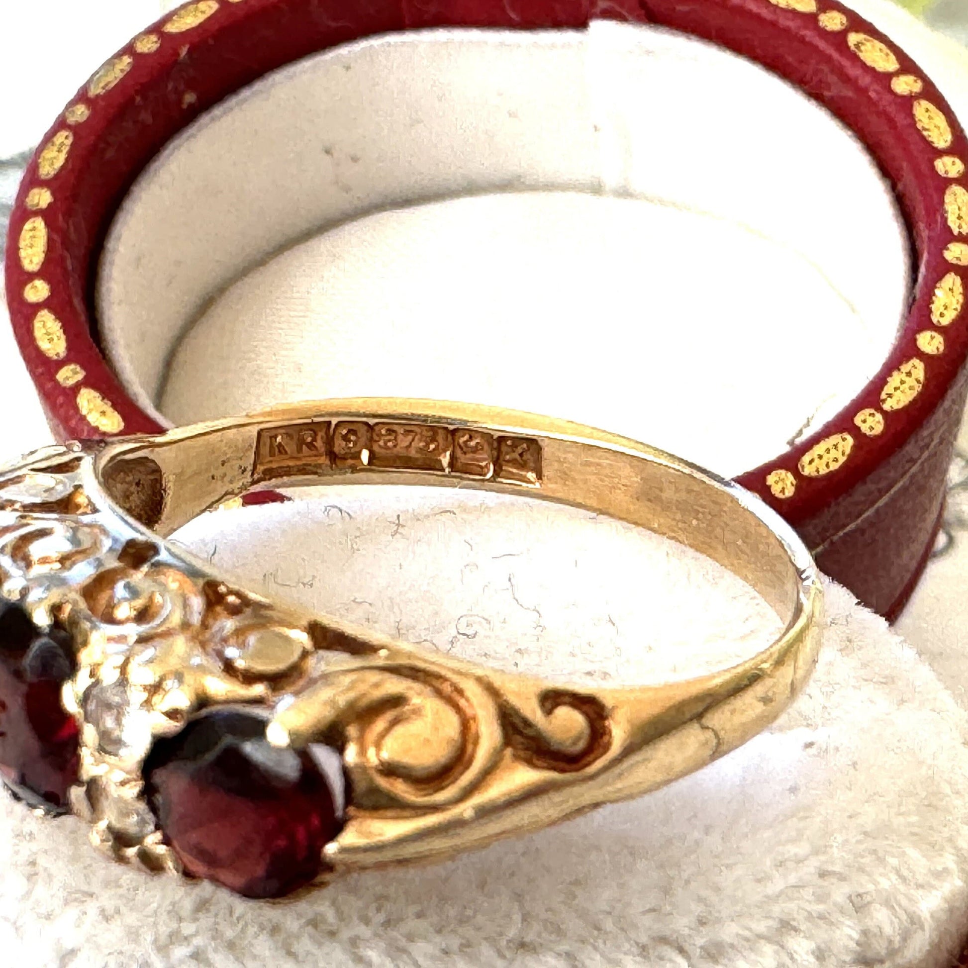 Vintage 9ct Gold Red Garnet & White Zircon Half Band Trilogy Ring. Victorian Revival Ornate Scrollwork Statement Boat Ring, Hallmarked 1972