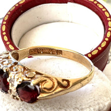 Lade das Bild in den Galerie-Viewer, Vintage 9ct Gold Red Garnet &amp; White Zircon Half Band Trilogy Ring. Victorian Revival Ornate Scrollwork Statement Boat Ring, Hallmarked 1972
