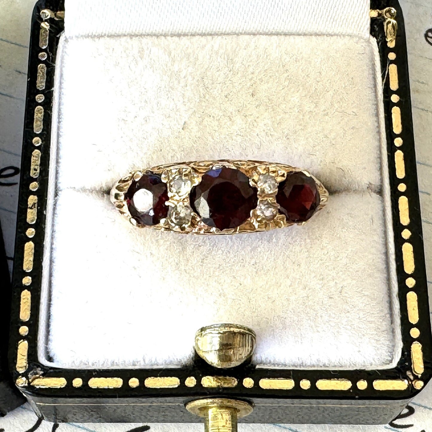 Vintage 9ct Gold Red Garnet & White Zircon Half Band Trilogy Ring. Victorian Revival Ornate Scrollwork Statement Boat Ring, Hallmarked 1972
