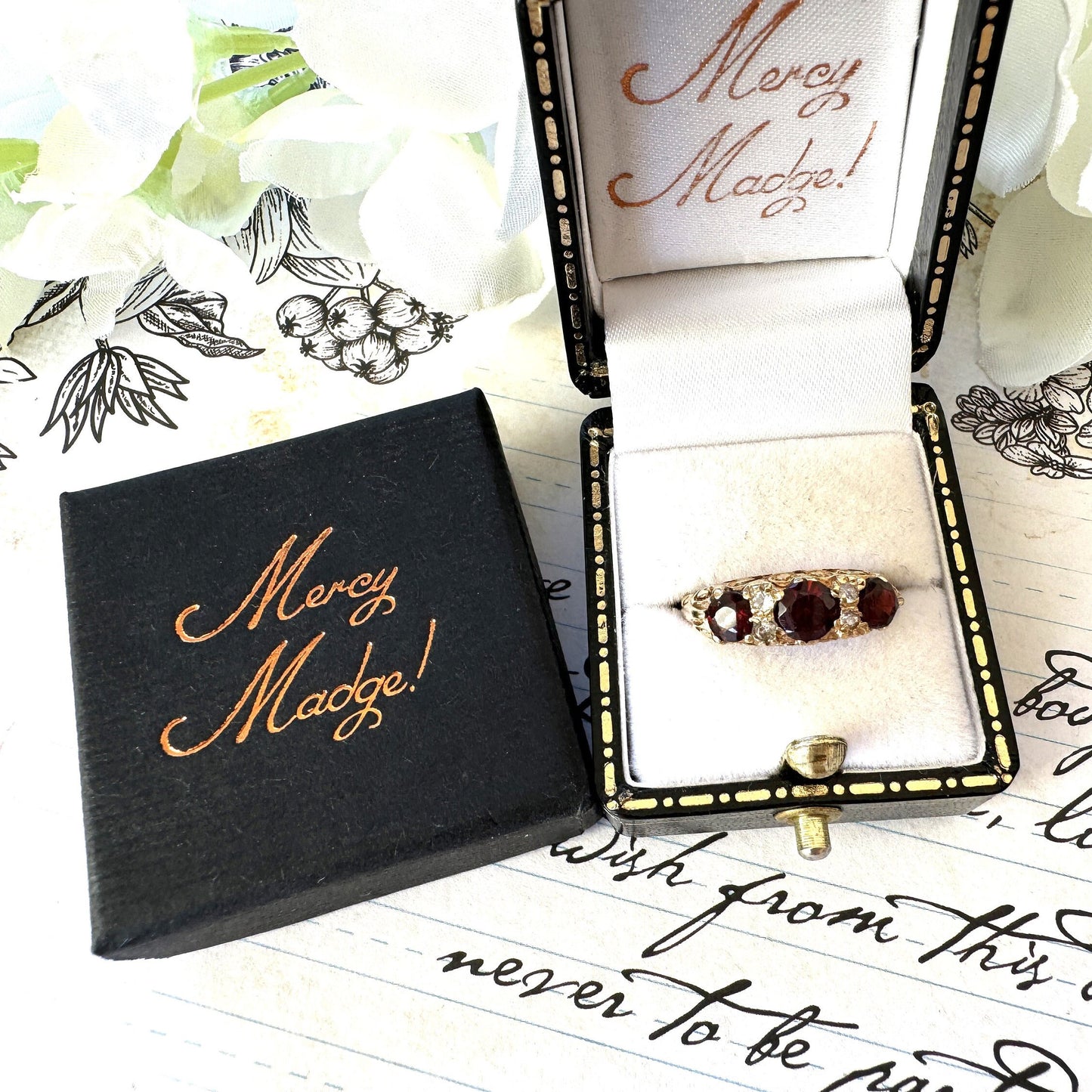 Vintage 9ct Gold Red Garnet & White Zircon Half Band Trilogy Ring. Victorian Revival Ornate Scrollwork Statement Boat Ring, Hallmarked 1972