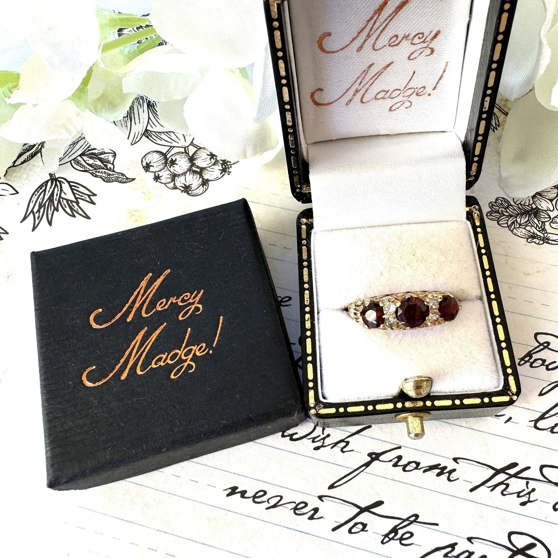 Vintage 9ct Gold Red Garnet & White Zircon Half Band Trilogy Ring. Victorian Revival Ornate Scrollwork Statement Boat Ring, Hallmarked 1972
