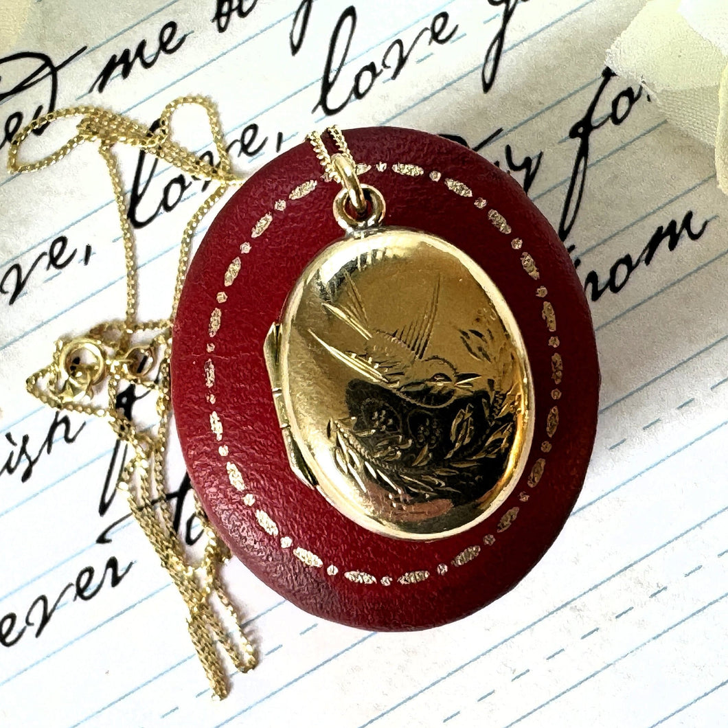 Antique Victorian Aesthetic 9ct Gold Engraved Swallow Locket Necklace. Small Oval Rose Gold Love Token Locket Pendant, Optional Chain.