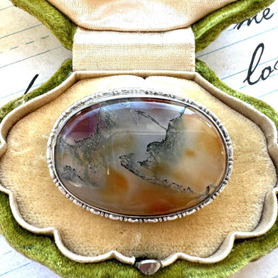 Victorian Sterling Silver Scottish Agate Brooch. Small Dendritic Quartz Scottish Pebble Lapel/Cravat Pin. Oval Moss Agate Victorian Brooch